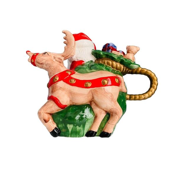 Vintage Teapot Santa Clause Reindeer Christmas Holiday Tea Beverage Dispenser - Picture 3 of 16